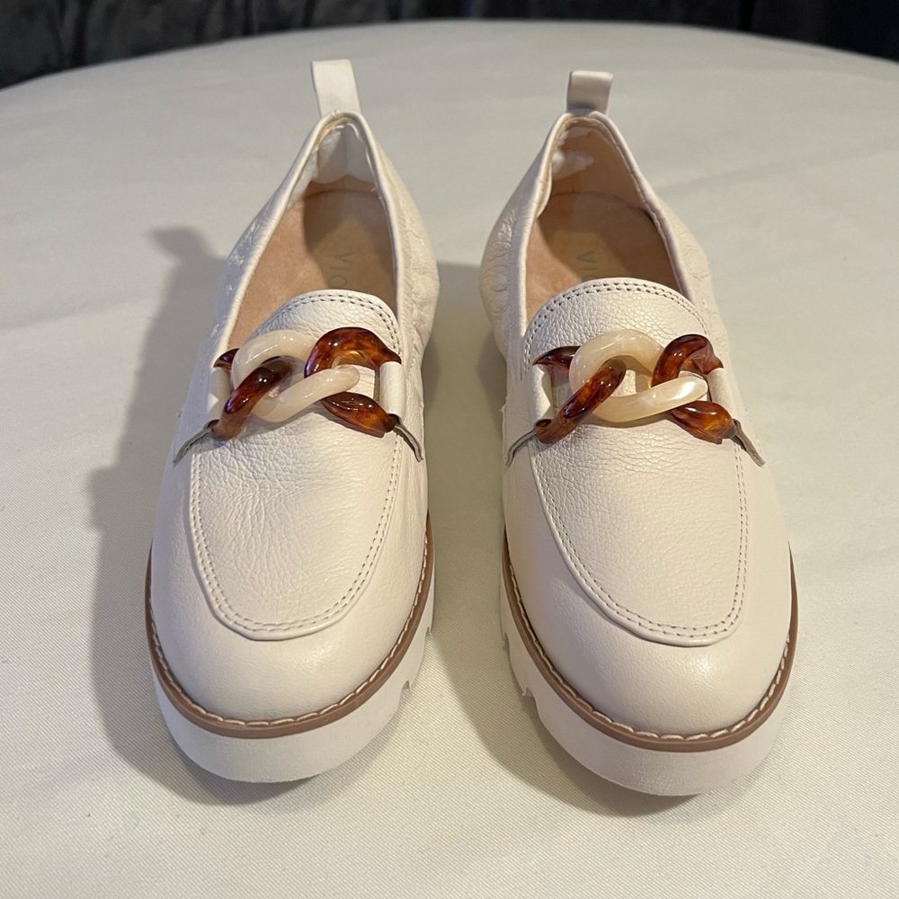 Vionic Cynthia Cream Loafers with Orthotic Support  & Simulated Tortoise Chain